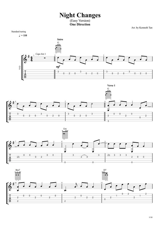 One Direction Night Changes Easy Version Fingerstyle Guitar Sheet one-direction-night-changes-easy-version-fingerstyle-guitar-sheet