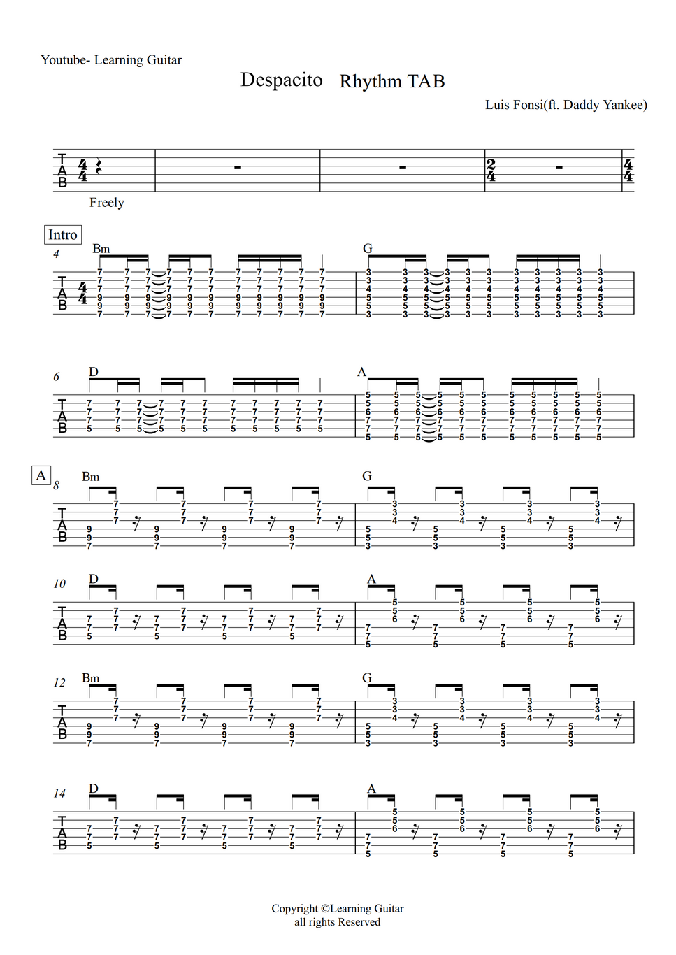Luis Fonsi Despacito (Rhythm TAB) by Learning Guitar Partition musicale