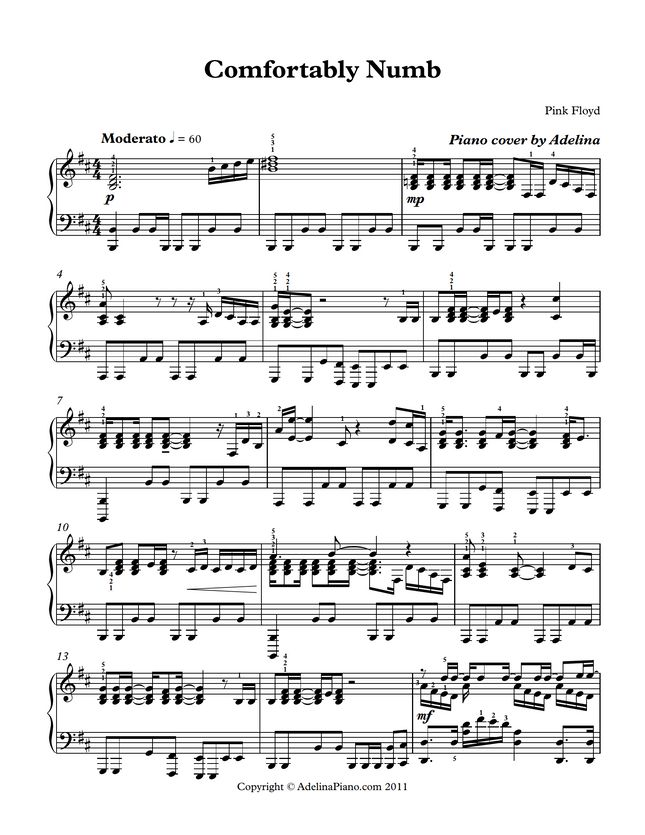 Pink Floyd Comfortably Numb By Adelina Piano Sheet Music 