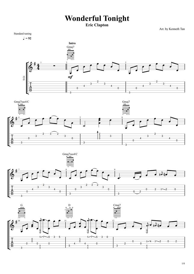 Eric Clapton Fingerstyle Guitar Wonderful Tonight by
