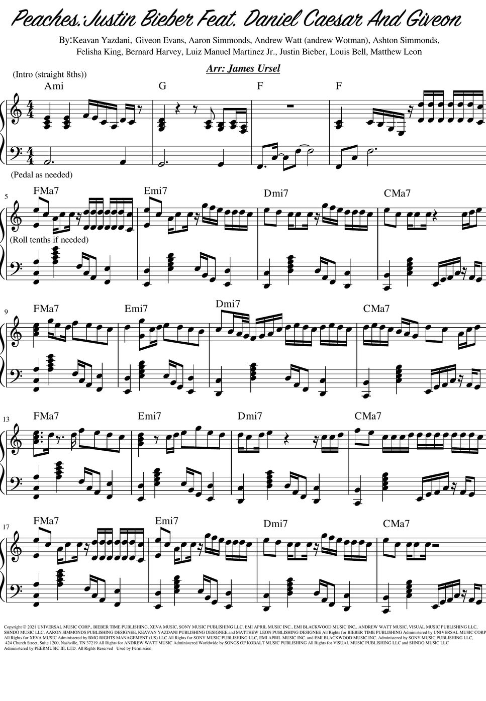 Justin Bieber Peaches 曲谱 by James Ursel