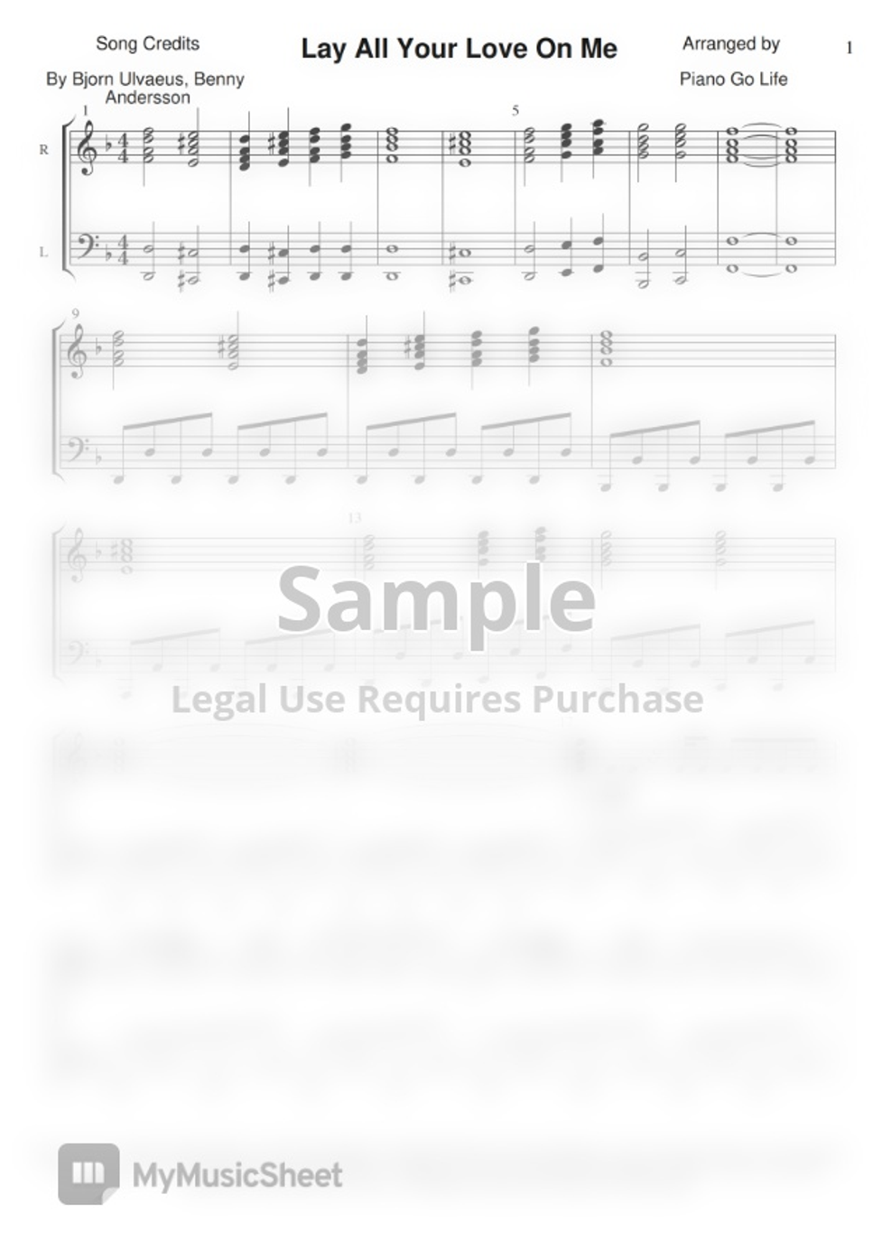 Abba lay all your love on me by piano go life spartito