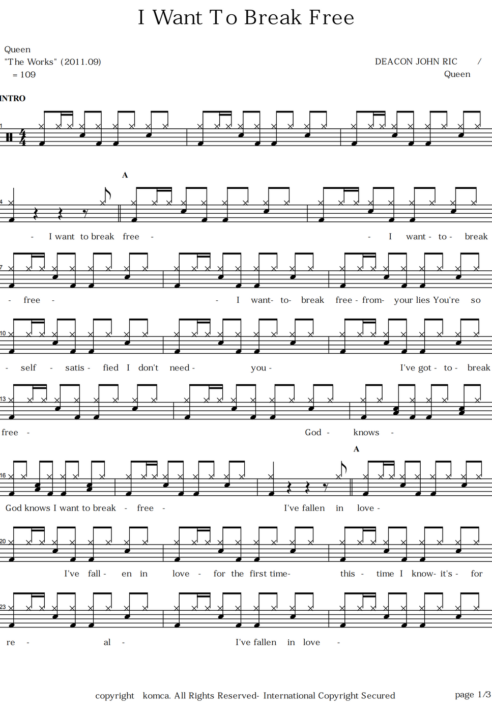 Queen i want to break free by copydrum partitura