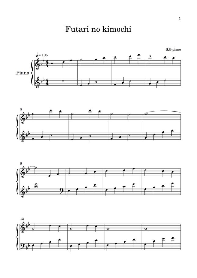 Kaoru wada - Futari no kimochi (Piano) by S.G anime piano sheets Sheet
