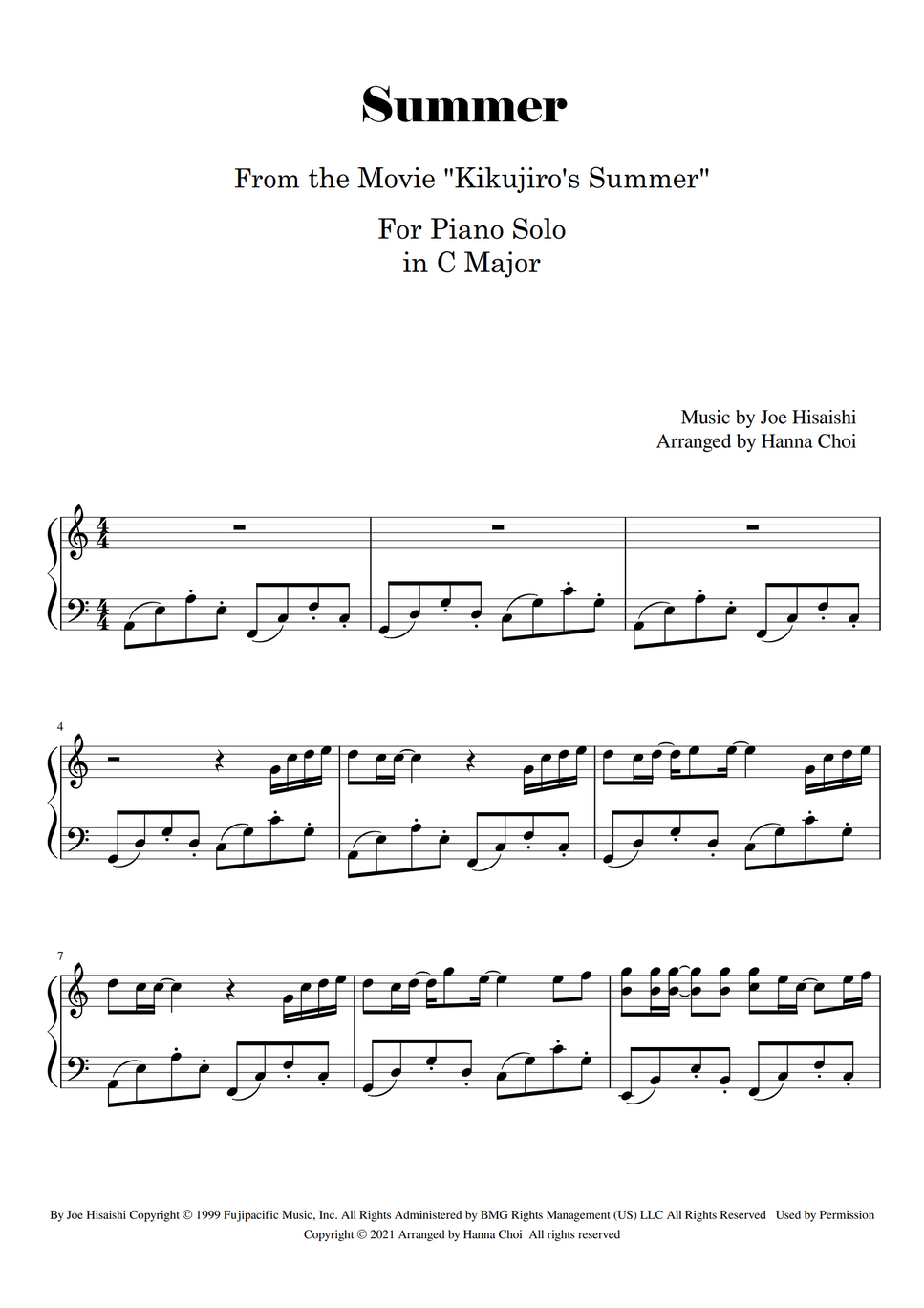 Joe Hisaishi - Summer (Kikujiros Summer 키쿠지로의 여름)in C Major (Piano Solo ...