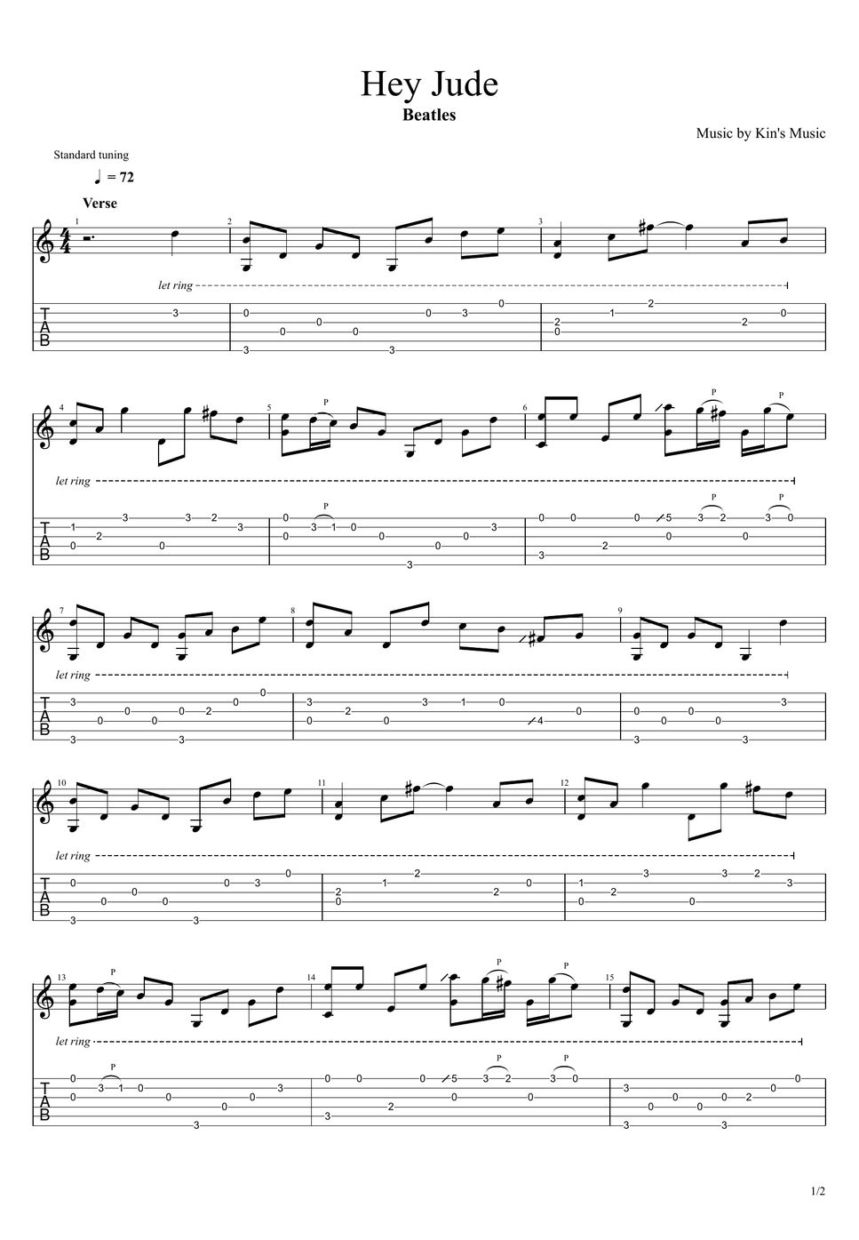 Beatles Hey Jude Easy Guitar Fingerstyle For Beginner Tab By Kins Music 