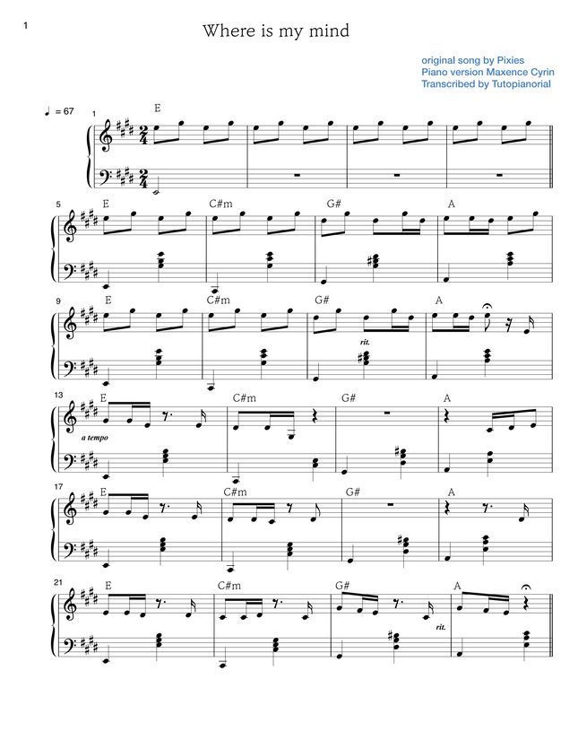 Maxence Cyrin Where is my mind (Pixies) by Tutopianorial Sheet Music