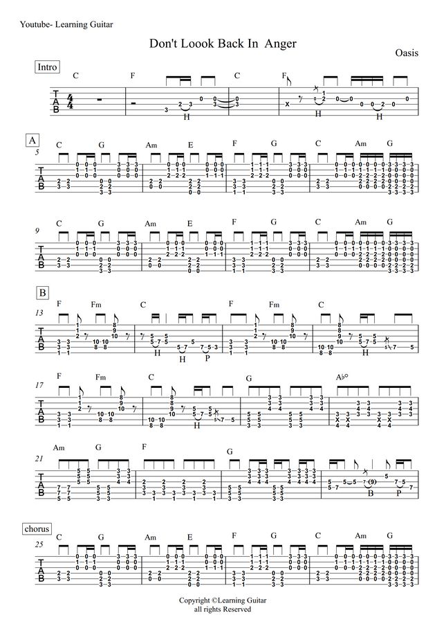 Oasis don t look back in anger full song guitar tab by learning