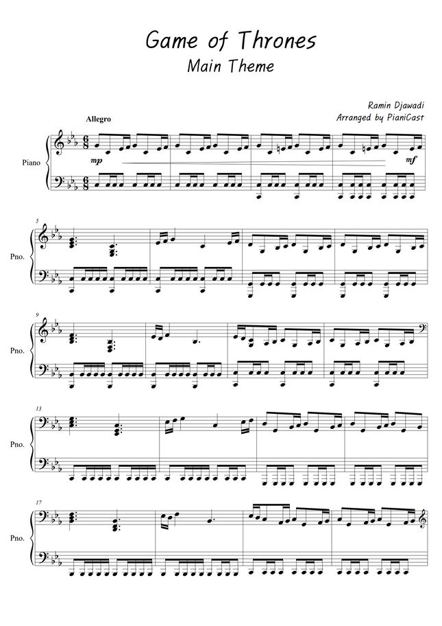 Game of Thrones Main Theme (Piano Solo) by PianiCast Sheet Music