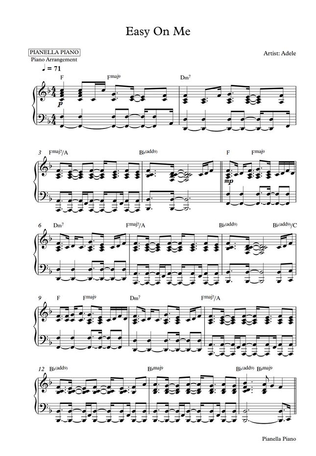 Adele - Easy On Me (Piano Sheet) by Pianella Piano Sheet