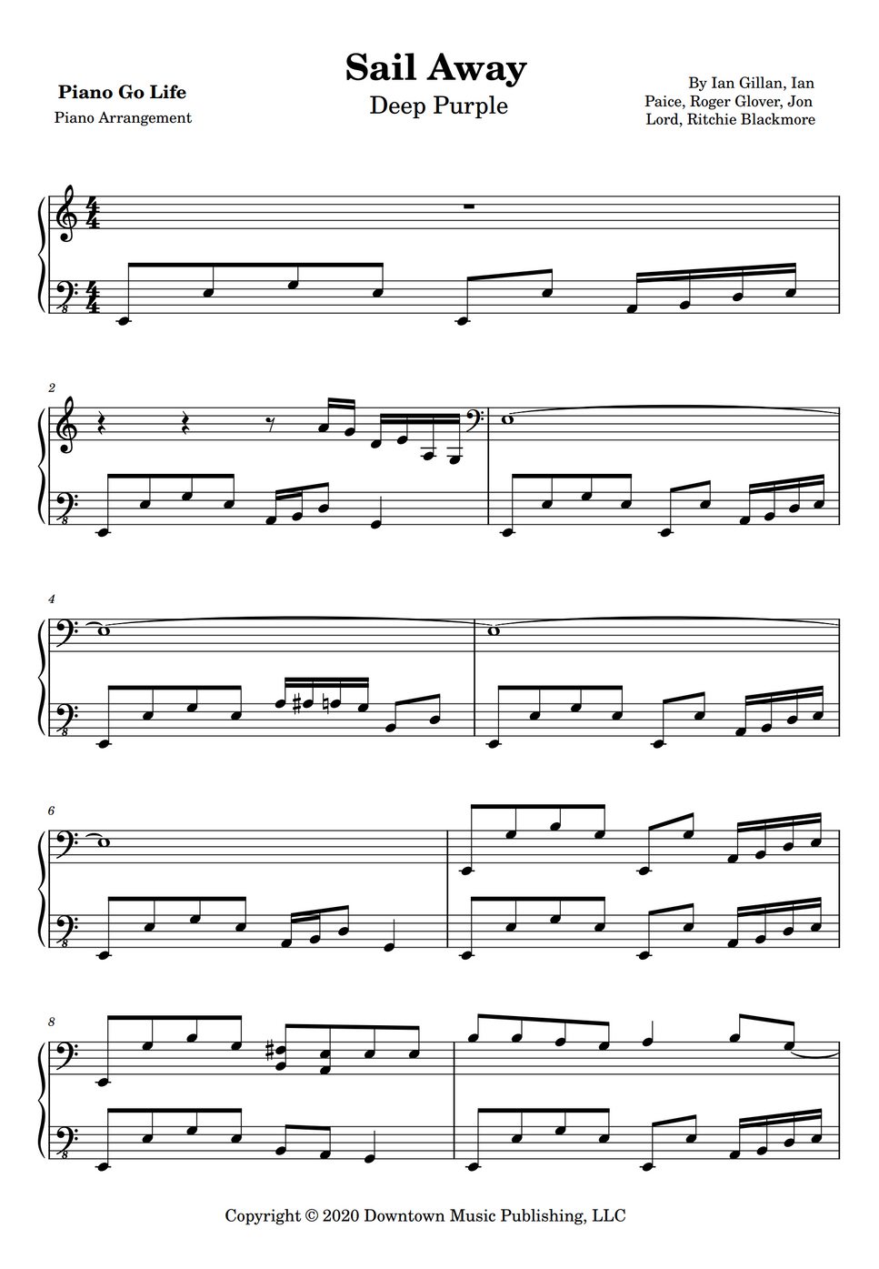 Deep Purple Sail Away by Piano Go Life 악보