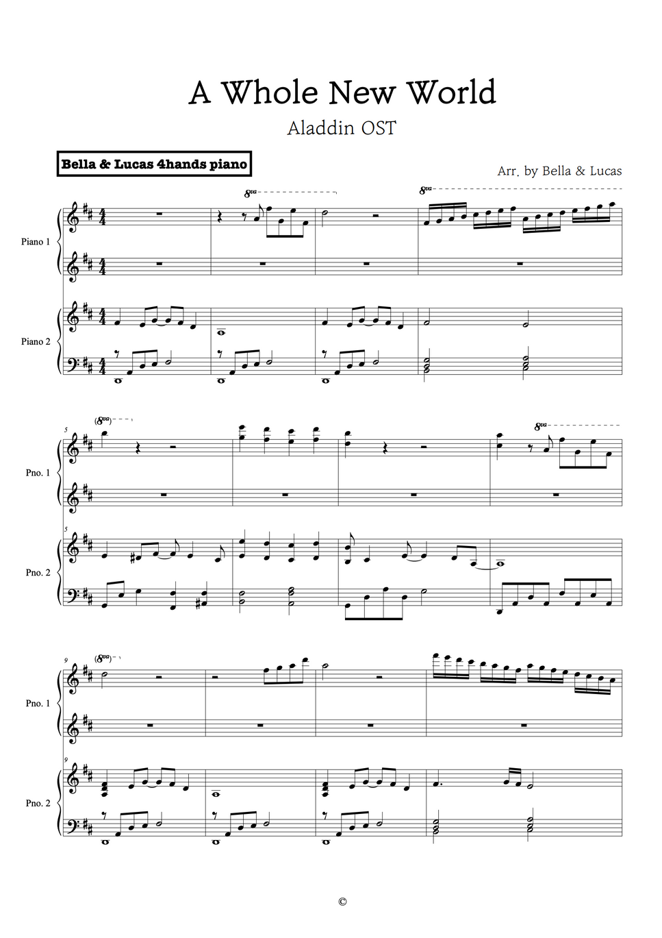 A Whole New World 알라딘 OST 4hands piano Spartito