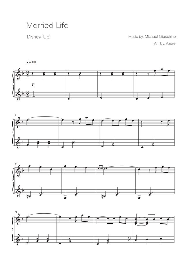 Up OST Married Life by Azure Piano Sheet Music