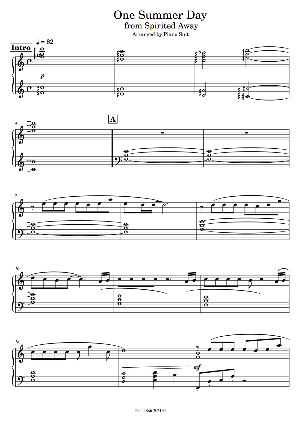 Joe Hisaishi ・ Spirited Away One Summer Day by Piano Suit Partition musicale