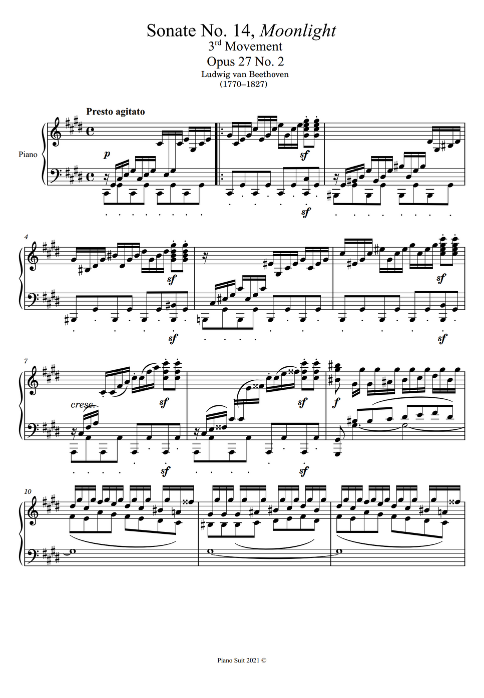 L v beethoven sonate no 14 moonlight 3rd movement by piano suit spartito