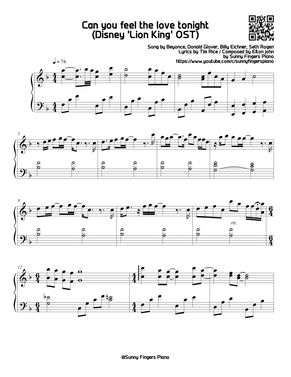ライオン キング 愛を感じて Can You Feel The Love Tonight Original By Sunny Fingers Piano楽譜