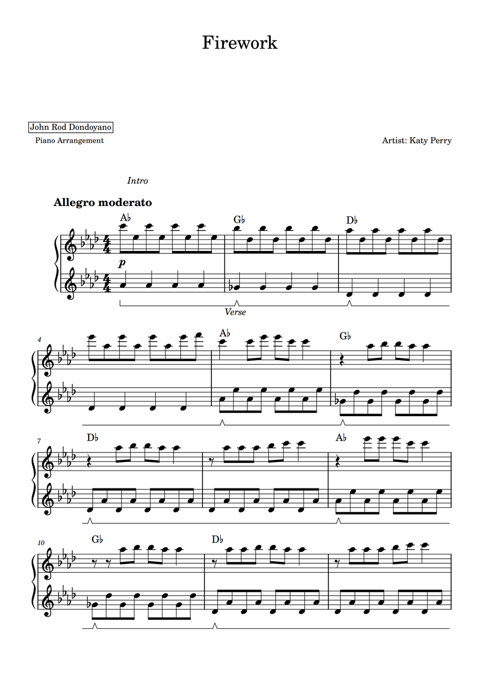 Katy Perry Firework Piano Sheet Partitura By John Rod Dondoyano 