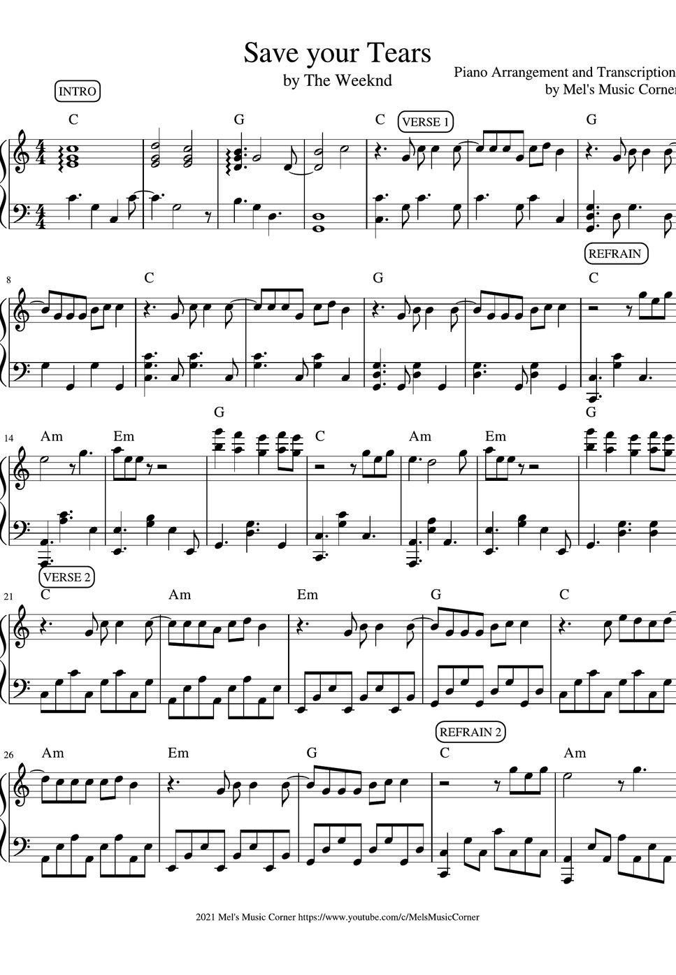 The Weeknd Save Your Tears (piano sheet music) Partition musicale by Mel's Music Corner