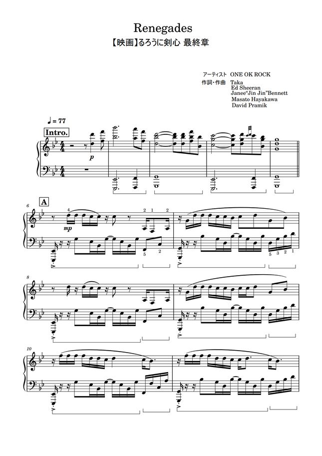 One Ok Rock Renegades 上級 By Saori8piano楽譜