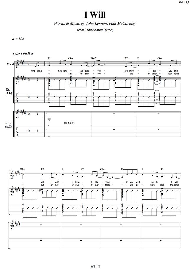 비틀스 The Beatles I Will Guitar 기타 Sheet Music