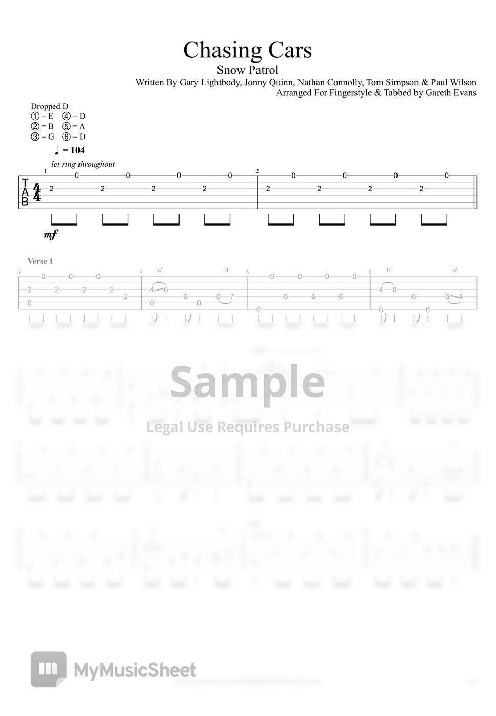 Snow Patrol Chasing Cars (Fingerstyle) TAB by Gareth Evans