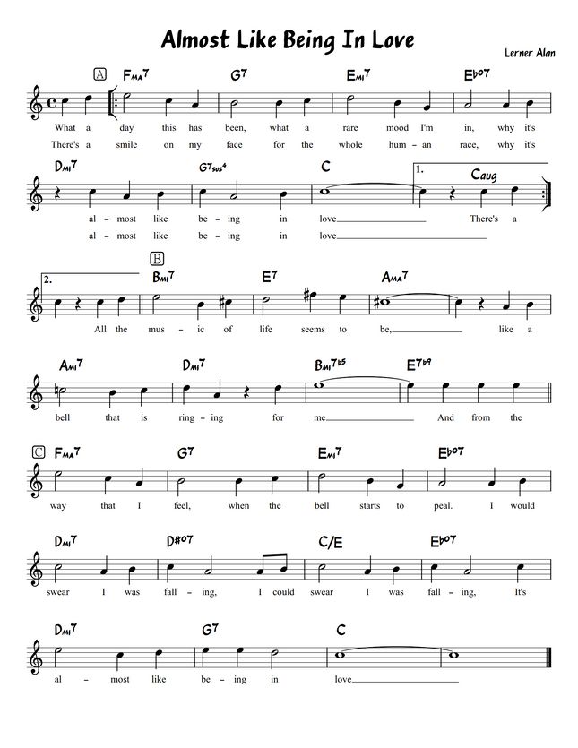 Frederick Loewe Almost Like Being in Love in C (Chord/Melody/Lyrics