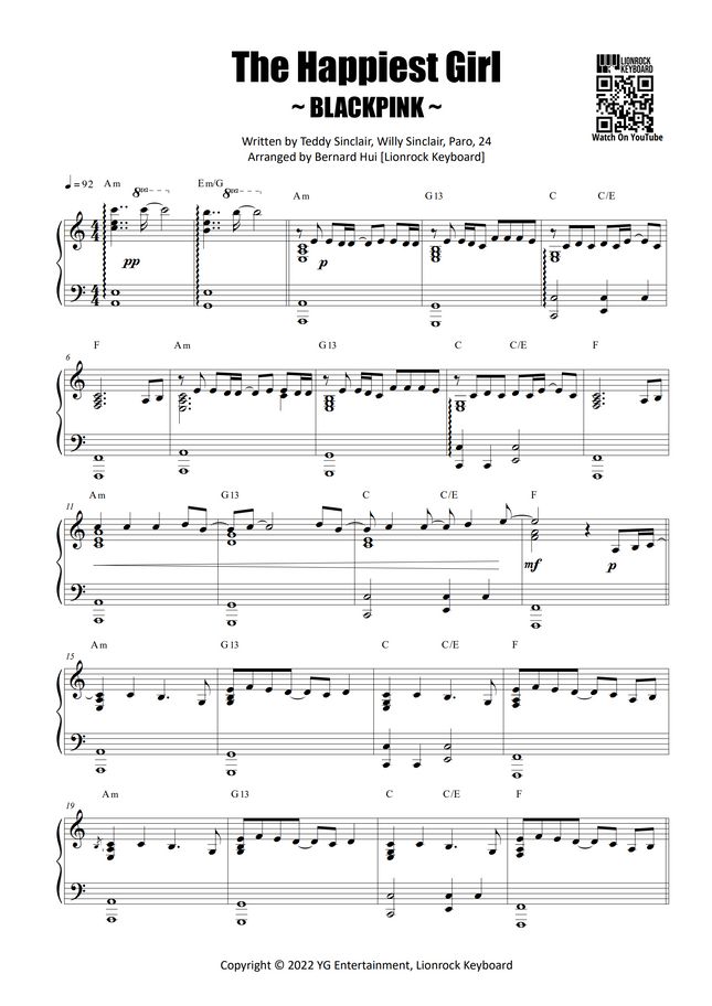 BLACKPINK The Happiest Girl by Bernard Hui Sheet Music