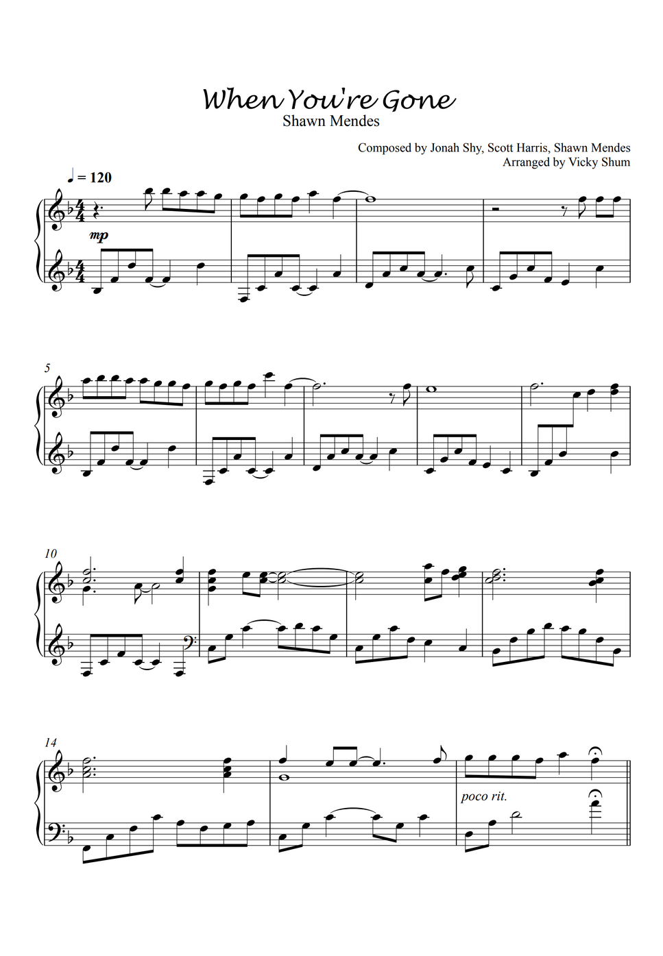 Shawn Mendes When You're Gone by Vicky Shum Sheet