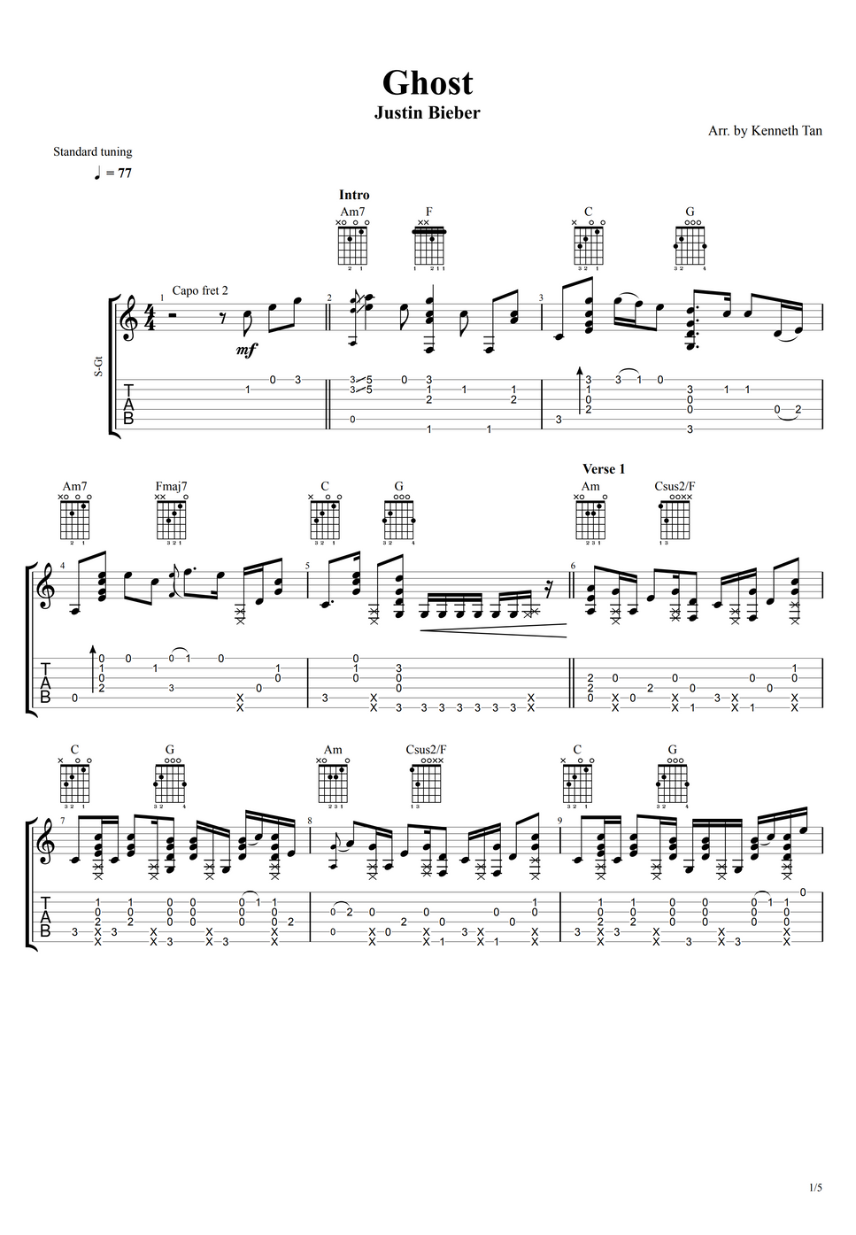 Justin Bieber Fingerstyle Guitar Ghost by Acoustic Partitura