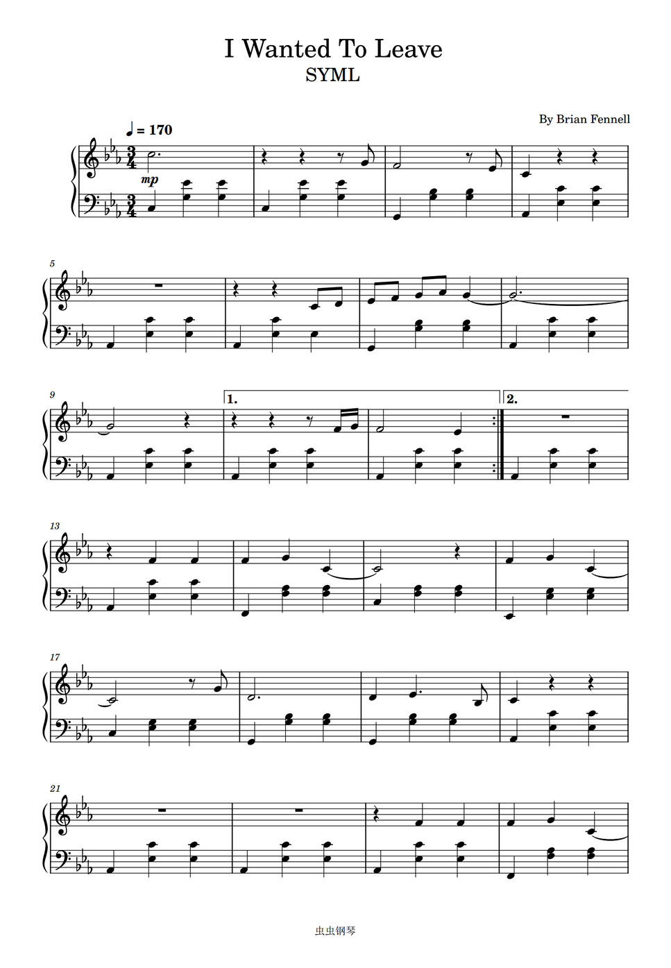 Brian Fennell I Wanted To Leave (SYML,Sheet Music For Easy Piano) Sheet by poon