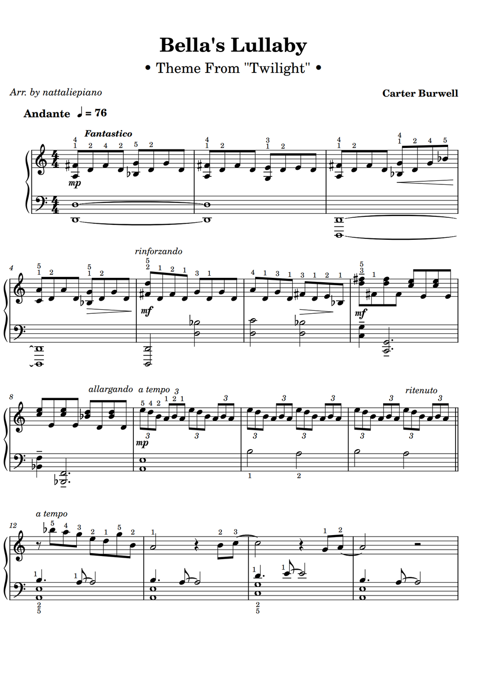 Carter Burwell Bella's Lullaby (Twilight OST) by nattaliepiano Sheet