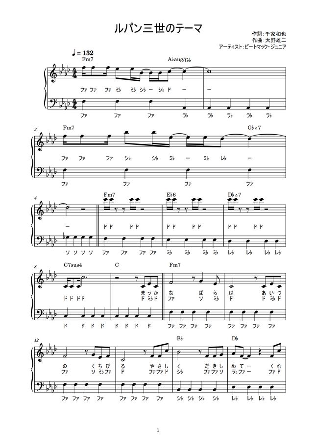 ルパン三世 ルパン三世のテーマ かんたん 歌詞付き ドレミ付き 初心者 By Piano Tokyo楽譜