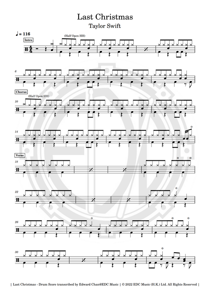 Taylor Swift Last Christmas Drum Score By Edward Chan Edc Music Sheet