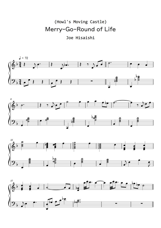 Joe Hisaishi - Merry-Go-Round of Life (Howl's Moving Castle) (Sheet Music, MIDI,) by Roxette