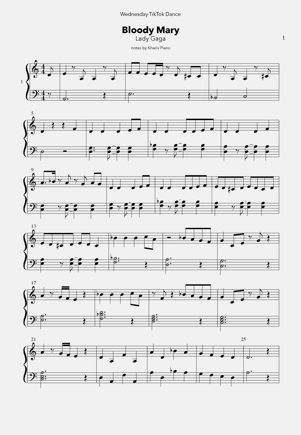 Lady Gaga Bloody Mary (Wednesday TikTok Dance) Sheet by Khariv Piano