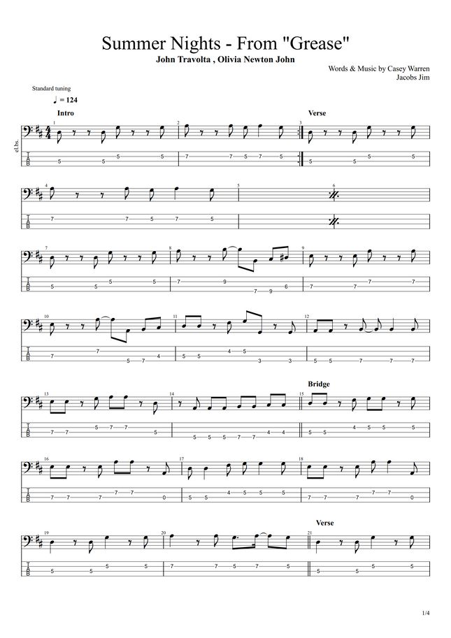 Grease Summer Nights by まっきん tab 楽譜