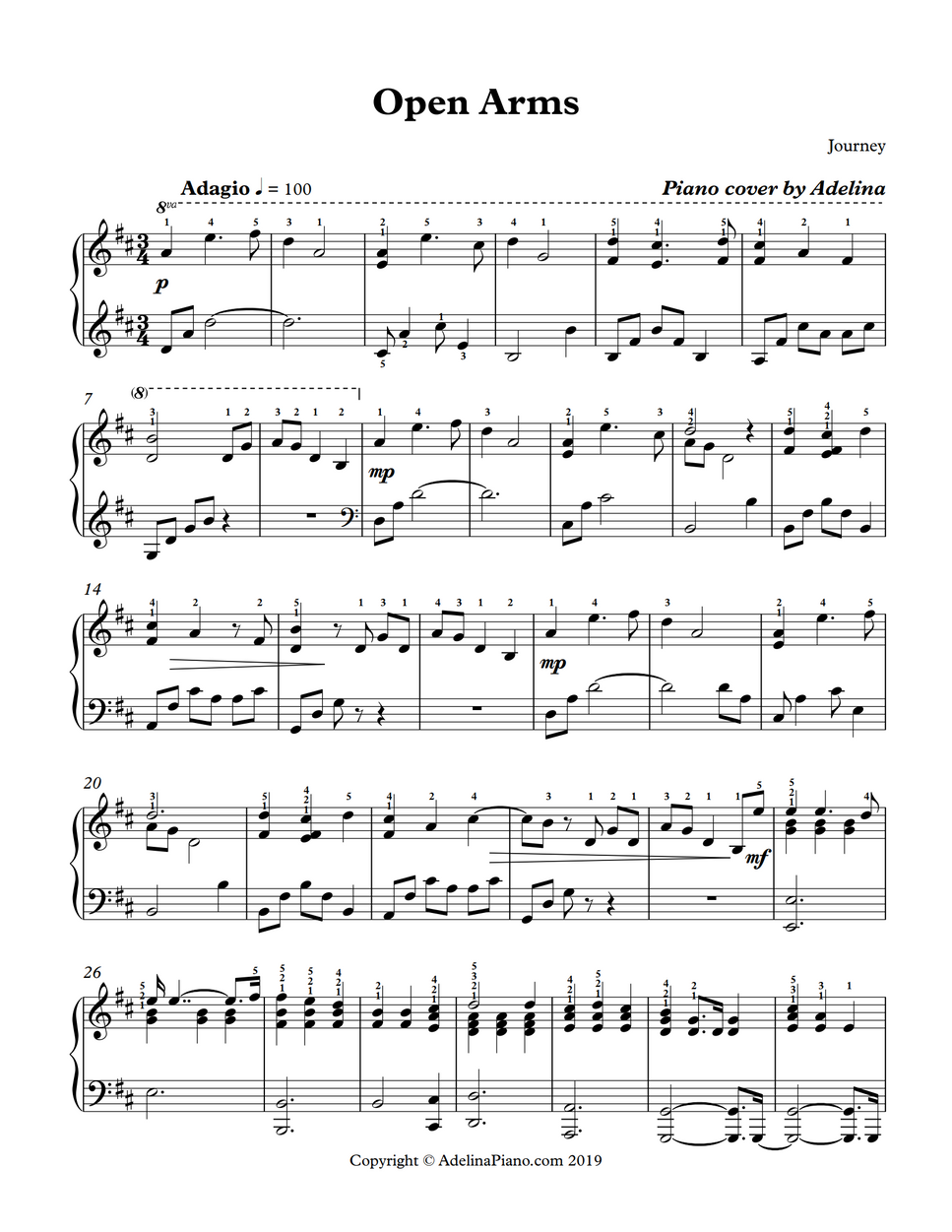 Journey Open Arms by Adelina Piano Bản nhạc