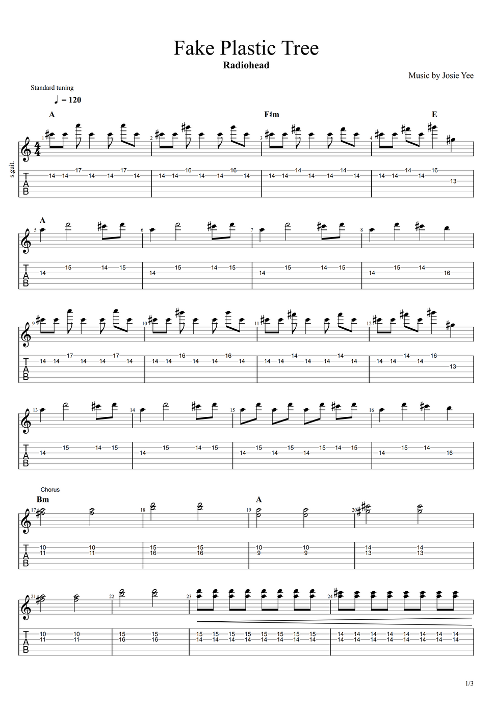 Radiohead Fake Plastic Trees TAB by Josie Yee