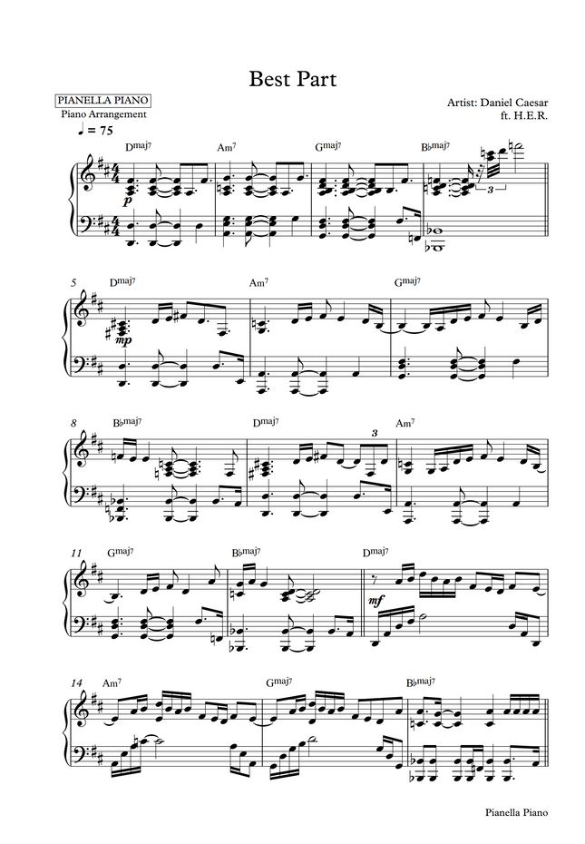 Daniel Caesar ft. H.E.R. Best Part (Piano Sheet) by Pianella Piano Sheet