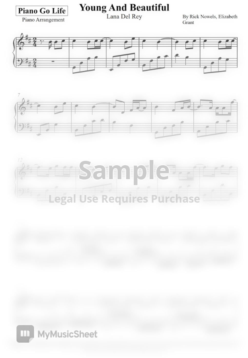 Lana del rey young and beautiful by piano go life lembar musik