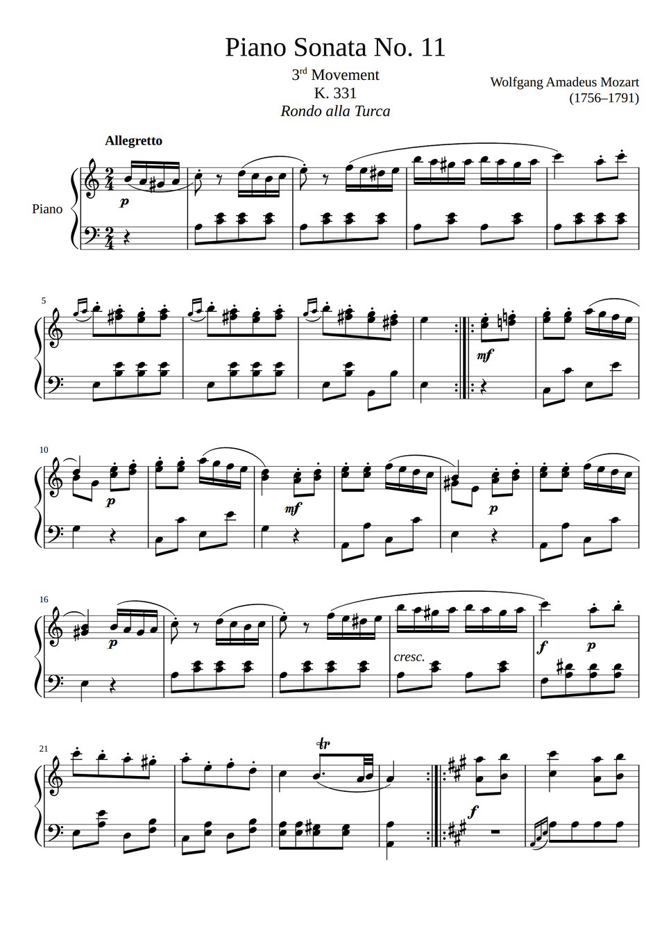 Wolfgang Amadeus Mozart Piano Sonata No.11 In A Major, K.331/300i by