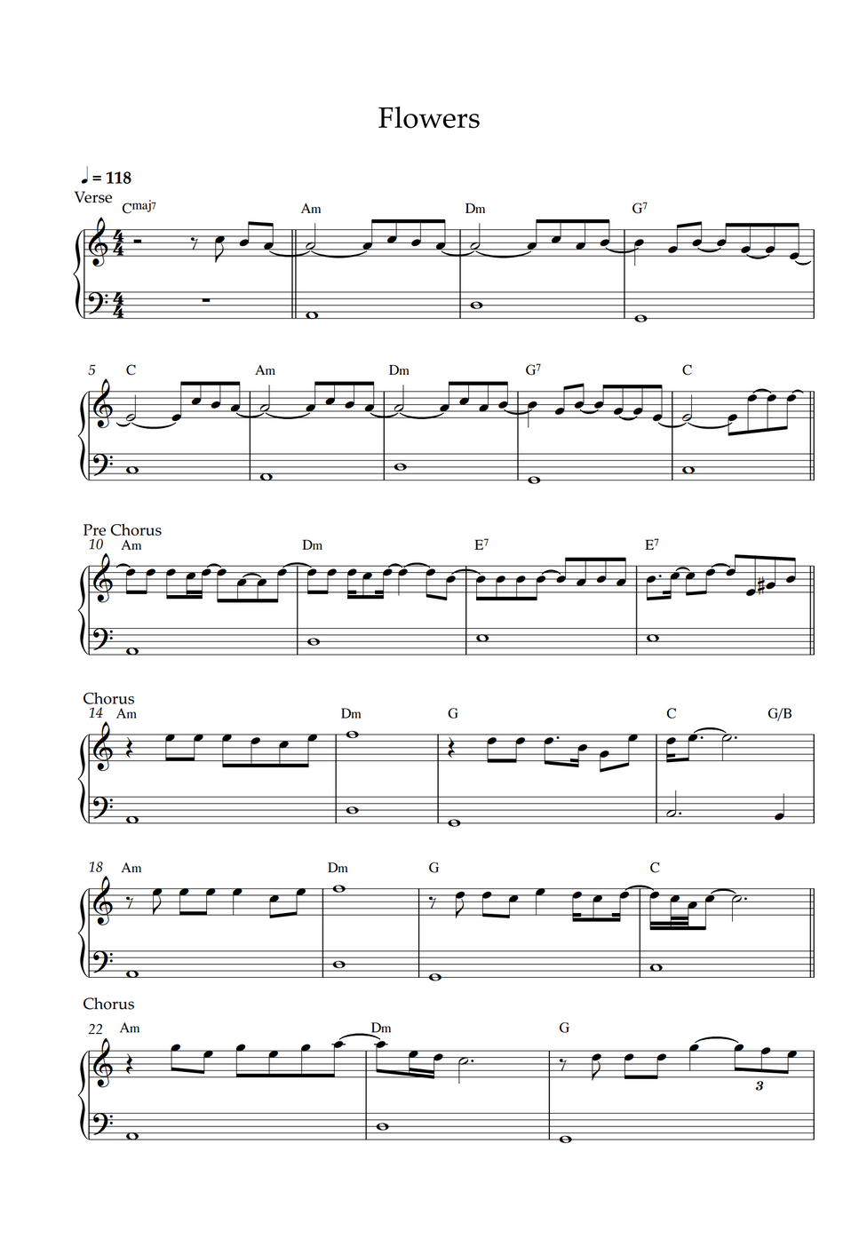 Miley Cyrus Flowers Easy Piano Sheet Partitura By Pianella Piano 8959