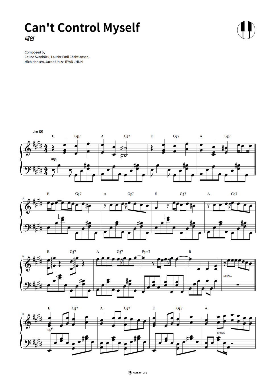 태연 Can't Control Myself by KEYS OF LIFE Sheet