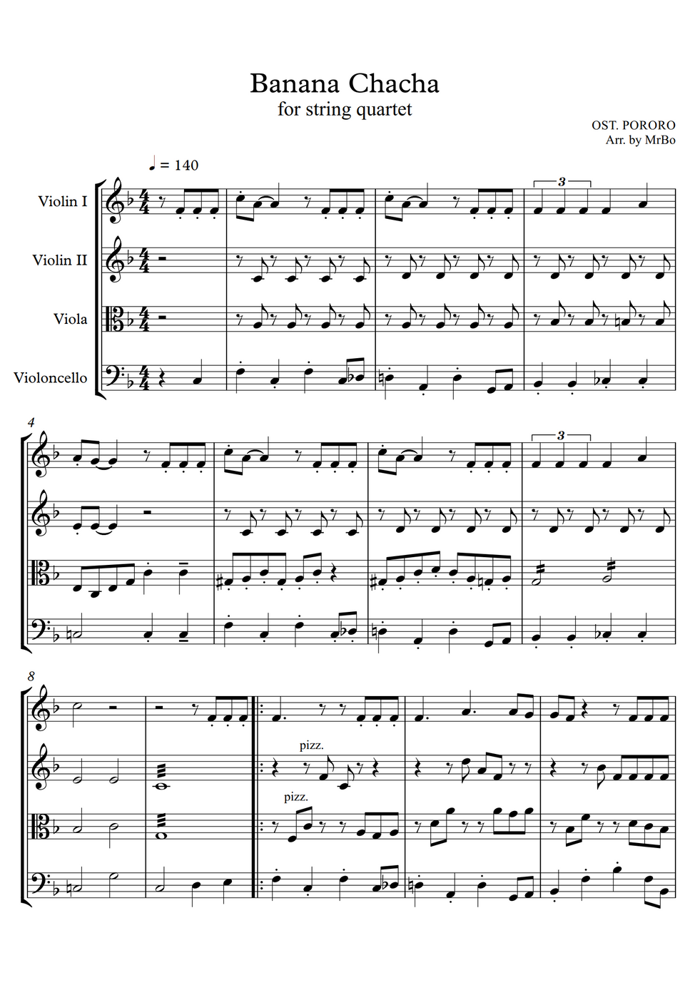 Banana Chacha 바나나차차 for string quartet by Mrbo Sheet