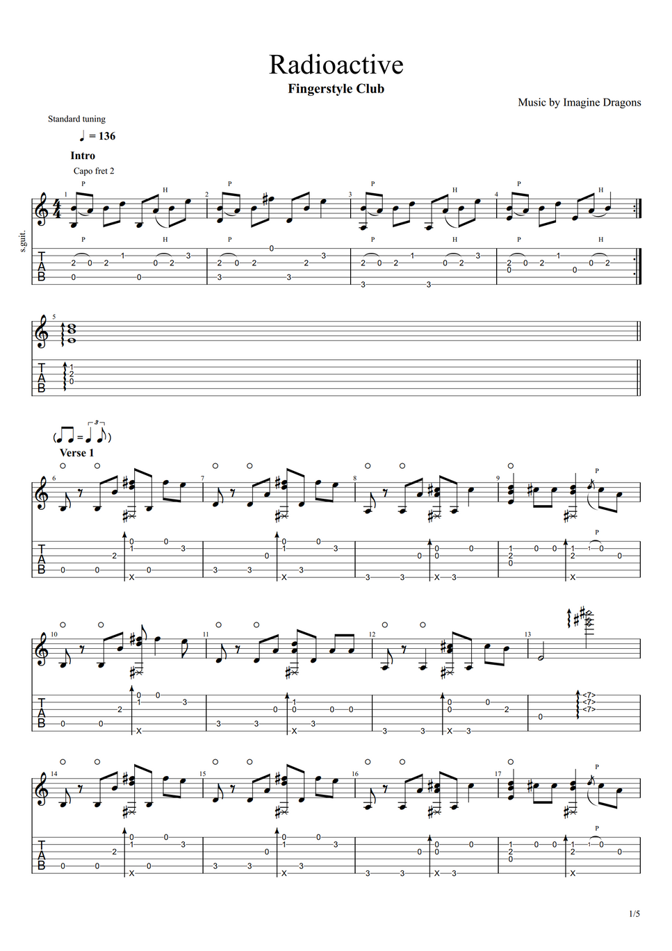 Imagine Dragons Radioactive by Fingerstyle Club Partition musicale