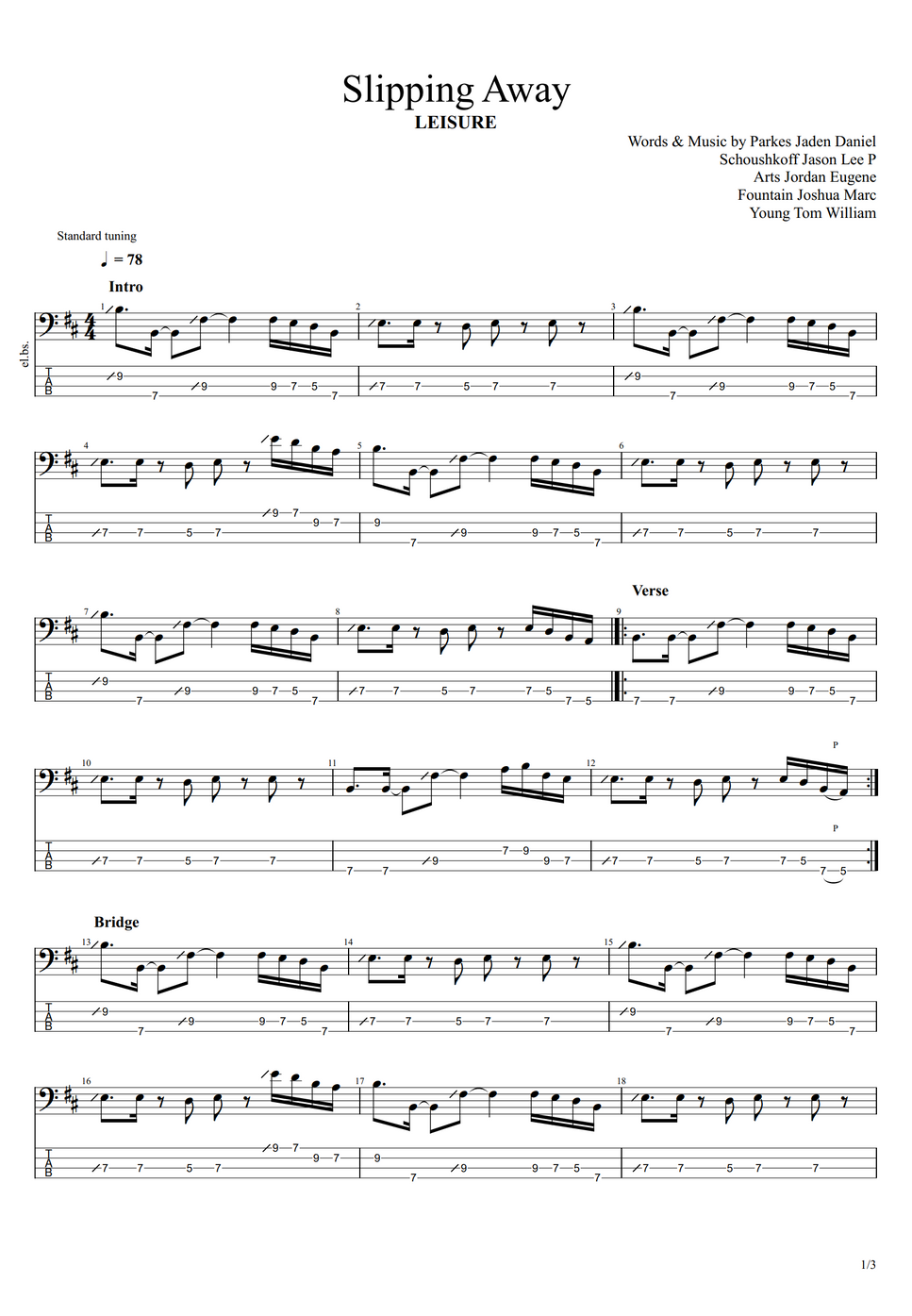 LEISURE Slipping Away by まっきん タブ + 五線譜 楽譜