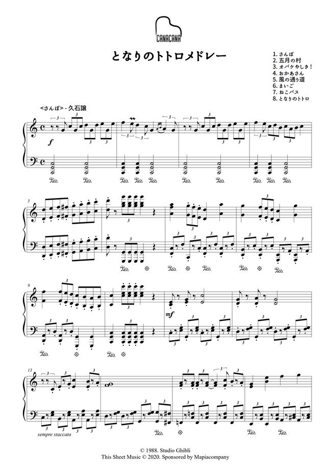 Joe Hisaishi My Neighbor Totoro Medley となりのトトロ8曲メドレー By Canacana Family Sheet