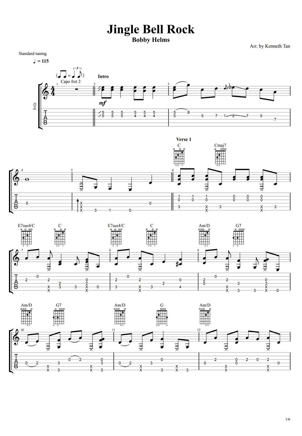 Bobby Helms Fingerstyle Guitar Jingle Bell Rock by Acoustic 악보