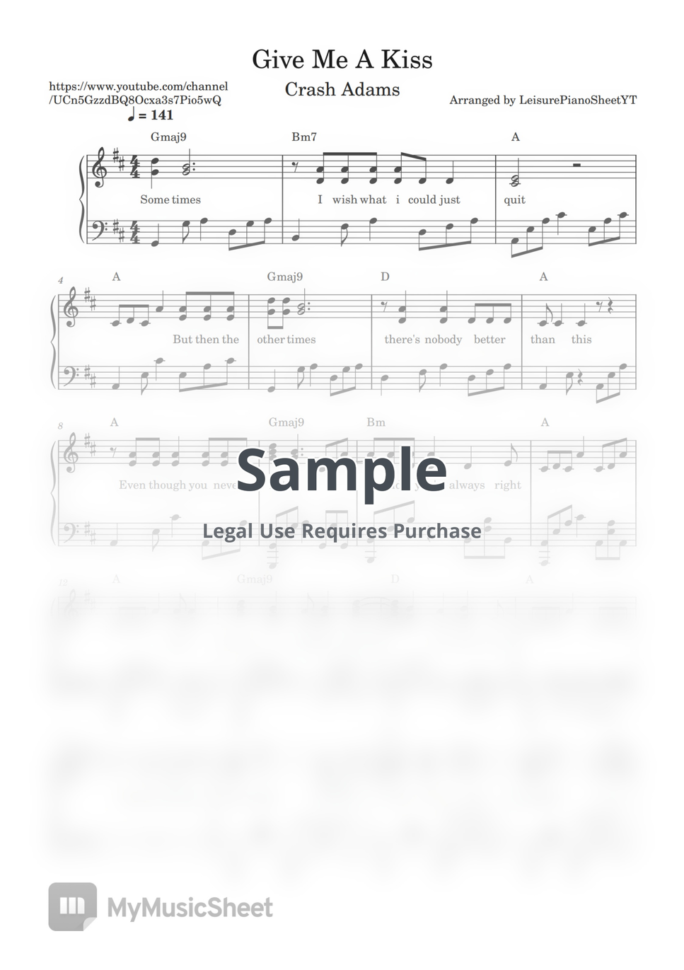 Crash Adams Give Me A Kiss by Leisure Piano Sheets YT Spartito