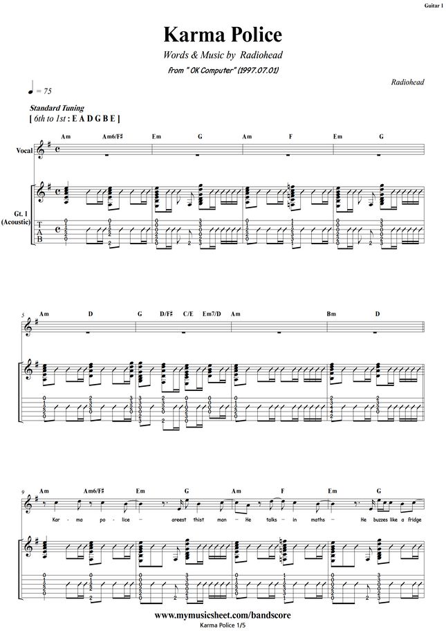 Radiohead Karma Police Guitar Sheet Music
